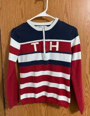 Tommy Hilfiger Jeans Red White Blue Striped 1/4 Zip Sweater